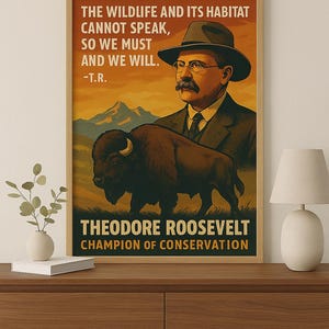 Poster Theodore Roosevelt Conservation Bison, style carte postale, affiche du parc national des États-Unis, impression d'animaux sauvages, cadeau pour amoureux de la nature, déco écologique