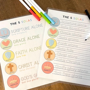May include: A printable worksheet featuring the 5 solas of the Reformation: Scripture Alone, Grace Alone, Faith Alone, Christ Alone, and God's Glory Alone. Each sola is illustrated with a different symbol and scripture reference. The worksheet includes lines for writing out each sola.