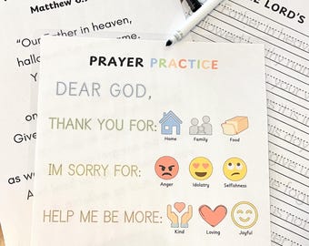 以下が含まれることがあります： カラフルな見出しとアイコンが付いた、印刷可能な祈りの練習ワークシート。見出しは「神様へ」、「ありがとう」、「ごめんなさい」、「もっとこうなりたい」、「祈ります」です。