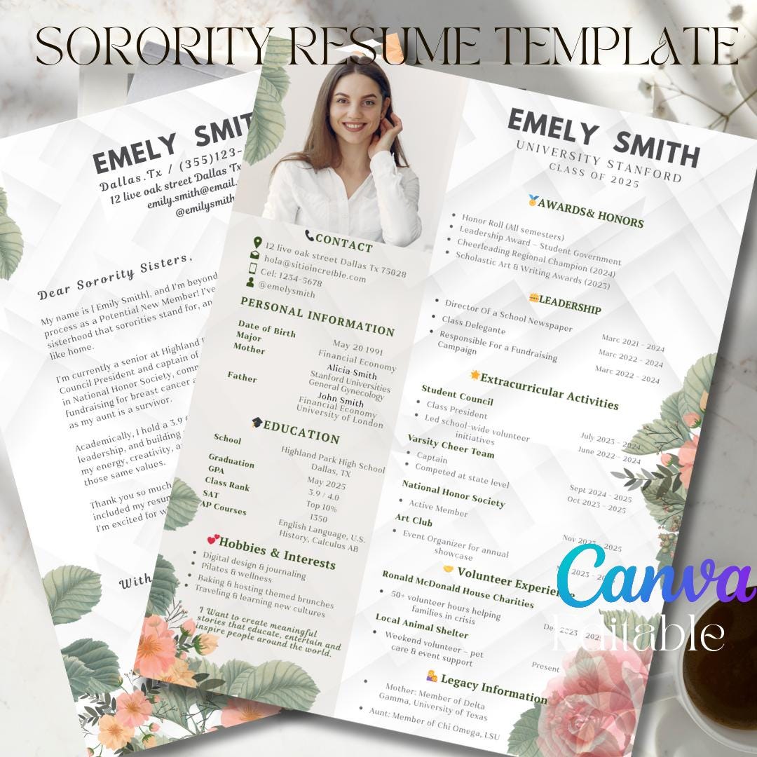 Sorority Recruitment Resume Template Editable Canva Packet (digital
