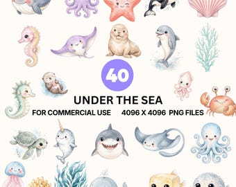 海底クリップアートPNG、水彩画風海洋動物バンドル、かわいい魚、子供部屋の装飾、商用利用可