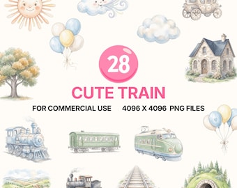 電車のPNGクリップアートバンドル、かわいい水彩蒸気機関車、子供の誕生日パーティー、保育園の装飾