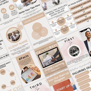 Op de afbeelding: Een verzameling zakelijke en consulting infographics met een neutraal kleurenpalet. De graphics bevatten tekst zoals "Client Name", "Career Boss" en "Online Coaching". De lay-out bevat Venn-diagrammen, checklists en grafieken.