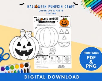 ハロウィンのかぼちゃ工作プリント、色を塗って切り貼りするアクティビティ、ジャック・オー・ランタンを作ろう、子供向けテンプレート