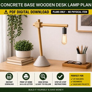 Concrete Base Wooden Desk Lamp PDF | Minimalist DIY Lamp Plan (Woodworking Plans, Digital Download)