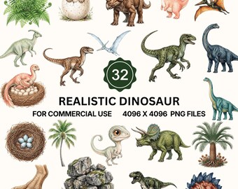 リアルな恐竜クリップアートPNGバンドル、T-Rex、トリケラトプス、ラプトル、水彩画風先史時代のイラスト、即時ダウンロード
