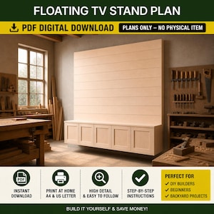 May include: A light-colored, floating TV stand plan. The image shows a finished wooden stand with a horizontal plank design. The text on the image says "PDF Digital Download" and "Plans Only - No Physical Item". The stand has a lower cabinet section with four doors.