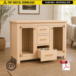 May include: A light-colored wooden pet crate cabinet featuring two side doors with wire mesh panels, two upper drawers, and a bottom pull-out drawer containing a circular metal bowl. The unit has gold-toned hardware and includes PDF digital download plans.