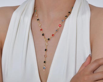 Colorful Glass Beaded Y Necklace, Gold Heart Chain Necklace, Dainty Layering Necklace, Minimalist Jewelry Gift for Women, Pendant Necklace