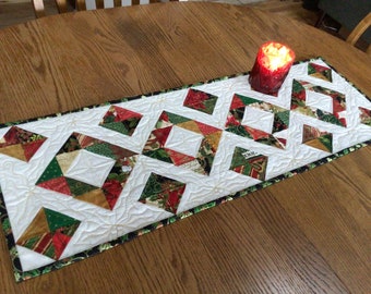 DISCOUNTED Christmas Boxes 13x36 quilted table runner in traditional colors