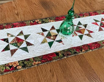 DISCOUNTED Christmas Stars 15x44 quilted table runner in traditional colors