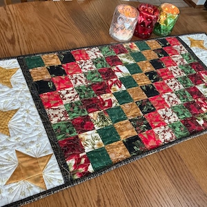 Checkerboard Christmas Stars quilted table runner 17x38