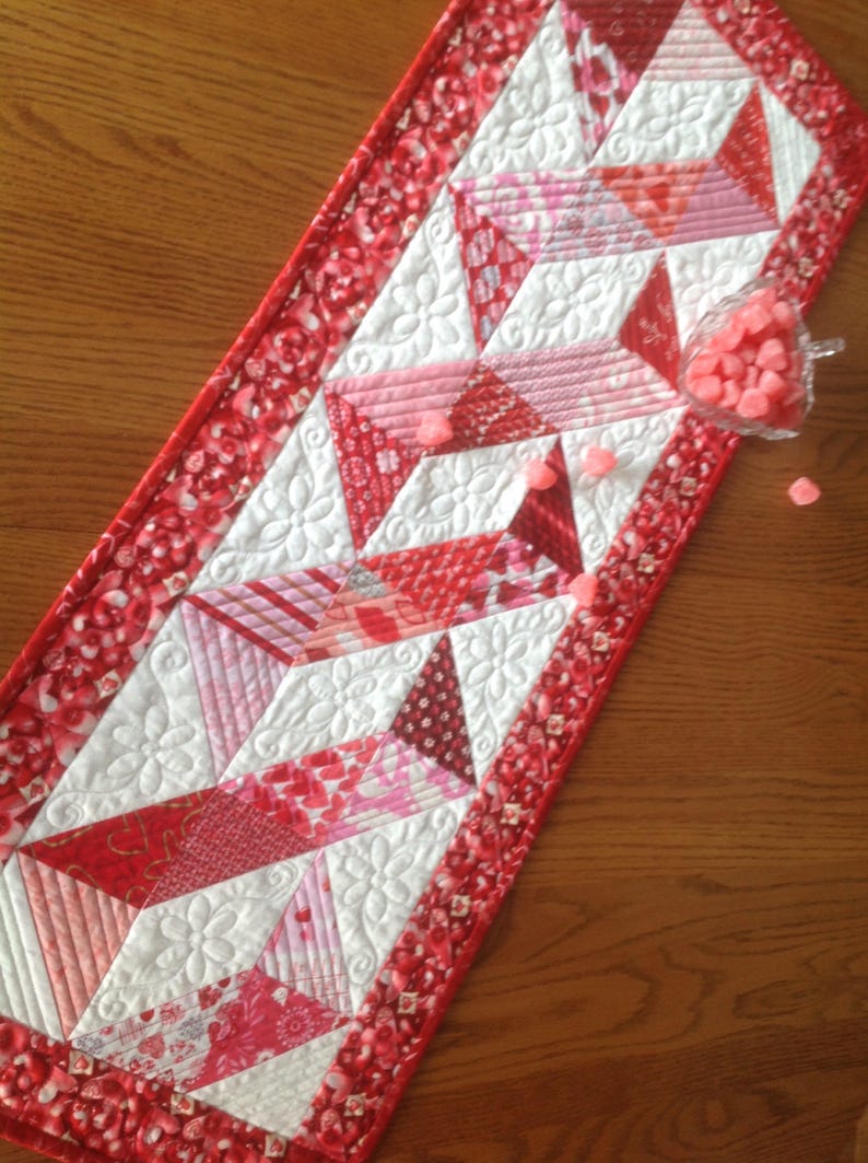 Valentine Ribbons 15x39 quilted table runner | Etsy