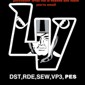 May include: Black graphic featuring a white outlined "LV" design with a pirate illustration. Text includes "If file is not shown. Message 'when purchased' what file is needed and leave you're email" and "DST,RDE,SEW,VP3, PES."