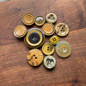 May include: A collection of vintage buttons in various sizes and shades of brown, tan, and yellow. Some buttons have a glossy finish, while others have a matte appearance. The buttons are arranged on a wooden surface.