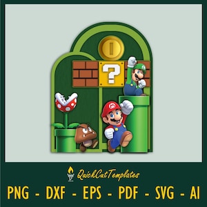 Peut inclure: Un artisanat numérique en papier vert, marron et rouge représentant Mario, Luigi et un Goomba. Les personnages sont debout sur un tuyau vert et un bloc de point d'interrogation. L'arrière-plan est une arche verte avec une pièce d'or.