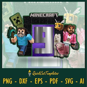 Puede incluir: Un diseño temático de Minecraft con la palabra "Minecraft" en texto pixelado sobre un gran número "9". El diseño incluye personajes pixelados, una abeja, una llama y una oveja. La parte inferior del diseño tiene el texto "Quick Cut Templates" y abreviaturas de tipos de archivo.