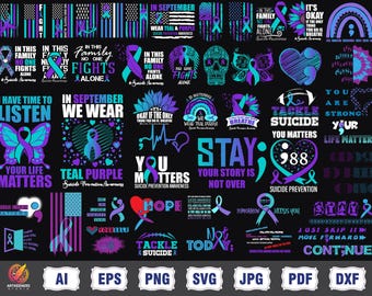 45+ 自殺 SVG png バンドル、自殺防止啓発 svg、自殺抑うつリボン png、あなたは大切 svg、ティールパープルリボン svg を着用