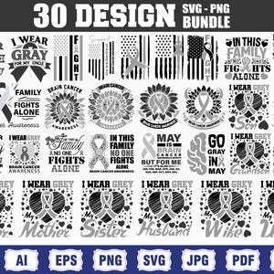 Puede incluir: Un conjunto de 30 diseños digitales con cintas grises y texto relacionado con la concienciación sobre el cáncer cerebral. Los diseños incluyen frases como "Uso gris", "La familia lucha sola" y "Mayo es el mes de la concienciación sobre el cáncer cerebral".