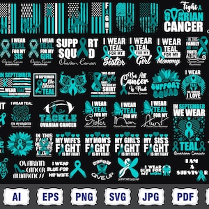 Puede incluir: Una colección de lazos de concienciación de color verde azulado y diseños basados en texto sobre un fondo negro. Los diseños incluyen frases como "Llevo verde azulado para mi mamá" y "Tackle Ovarian Cancer". La imagen promueve la concienciación sobre el cáncer de ovario.