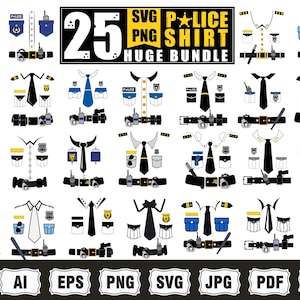 Puede incluir: Un conjunto de 25 diseños de camisas de policía en formatos SVG y PNG. Cada diseño presenta la parte delantera de una camisa con corbata, insignia, bolsillos y cinturón de herramientas. Los diseños son en negro, blanco y azul, con la palabra "POLICE".