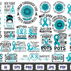 Puede incluir: Una colección de gráficos en color turquesa y negro con texto relacionado con la concienciación sobre POTS. Los diseños incluyen cintas, girasoles y frases como "Her Fight Is My Fight" y "Support Squad". La imagen es un diseño digital.