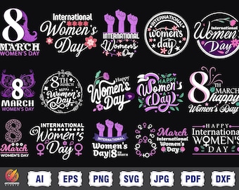 国際女性デー svg png バンドル、女性の日 2025 svg、3 月 8 日女性の日のギフト、3 月 8 日女性の日の引用デザイン、強い女性 svg