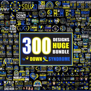 Op de afbeelding: Een collage van 300 ontwerpen met gele en blauwe graphics met de tekst "Down Syndrome" en "3.21" voor Wereld Down Syndroom Dag. De ontwerpen omvatten verschillende zinnen, symbolen en illustraties.
