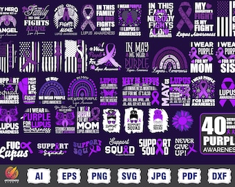 Lupus Awareness Svg Png Huge Bundle, Lupus Warrior Svg, Purple Ribbon SVG, In May We Wear Purple Svg, Nobody Fights Alone svg, Messy Ribbon