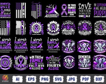 May include: A collection of purple and white graphic designs on a black background, promoting Alzheimer's awareness. Designs include ribbons, sunflowers, elephants, and text such as "I wear purple" and "In this family no one fights alone."