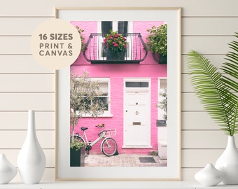 Notting Hill London Photography Print, Travel Décor Wall Art, Vintage London Flowers Blooming Large Canvas, Architectural Print In Frame