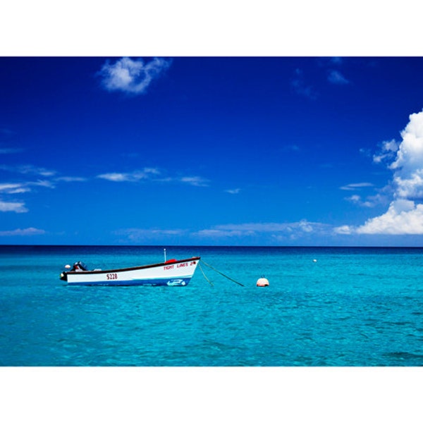 Panoramic Beach Photography, Costal Decor, Caribbean Island, Aqua Teal Blue Ocean, Surf Decor, Rustic Boat Floating of Costal Island