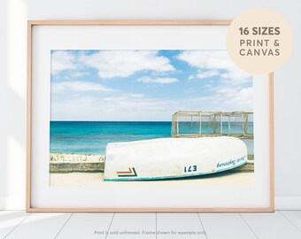 Ocean Photography, Fishing Boat, Ocean Wall Art, Beach Photography, Pastel Blue Ocean Art, Seascape Art, Coastal Wall Art, Large Sea Poster