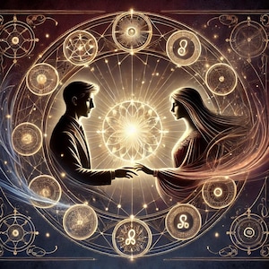 May include: Digital artwork showing a man and woman facing each other, holding hands, within a golden, circular astrological design. The image has intricate details, glowing light effects, and a dark, celestial background.