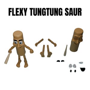 Pode incluir: Uma figura de brinquedo marrom com rosto e braços, um taco de beisebol e um conjunto de partes do corpo para montar. A figura é etiquetada como "Flexy Tungtung Saur".