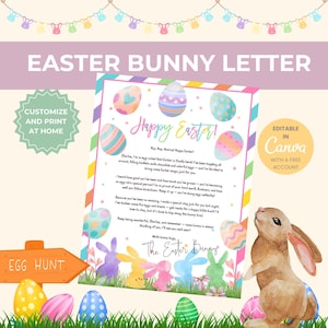 Carta editable de conejo de Pascua para niños, nota imprimible personalizada del conejo de Pascua, plantilla personalizada de Canva en PDF, sorpresa de Pascua.