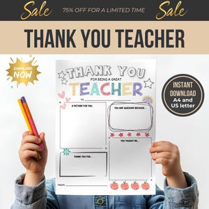 Thank You for Being a Great Teacher PDF | Printable Teacher Gift from Kids | Fill-in-the-Blank Activity Sheet for Teacher | Instant Download