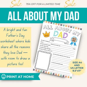 Hoja de trabajo "Todo sobre mi papá" para el Día del Padre / Imprimible colorido para niños / Actividad para dibujar y completar / Tamaño A4 y carta / Descarga instantánea en PDF