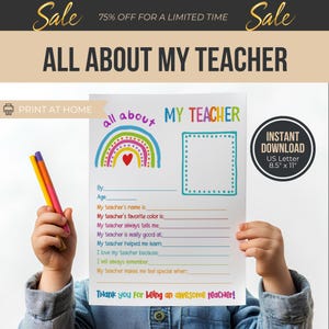 Tout sur mon professeur imprimable | Fin d'année Remplissez la feuille de travail des enfants | Merci pour le cadeau d'appréciation de l'enseignant | Téléchargement instantané