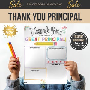 Gracias por ser un excelente director (hoja imprimible/hoja de trabajo para completar en blanco para estudiantes/carta de EE. UU. en PDF/regalo escolar/descarga instantánea)