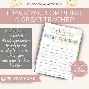 Carta de agradecimiento para la Semana de Agradecimiento al Maestro (Imprimible) / Regalo de agradecimiento para el maestro de un estudiante, Gracias por ser un gran maestro (Imprimible)