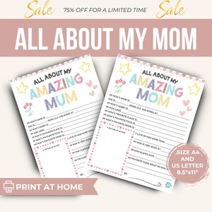 Folha de Atividades Imprimível Tudo Sobre Minha Mãe | Atividade de Dia das Mães para Crianças | Presente para Preencher da Criança | Carta dos EUA em PDF | Download Instantâneo