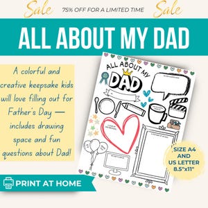 Hoja de trabajo imprimible "Todo sobre mi papá" / Manualidad del Día del Padre para niños / Actividad divertida para completar con dibujos y sugerencias / Tamaños A4 y Carta (EE. UU.) / PDF