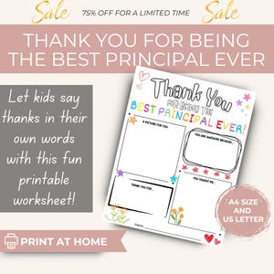 Thank You for Being the Best Principal Ever Printable | Student Appreciation Worksheet | Fill-in Gift Principal's Day PDF | A4 + US Letter
