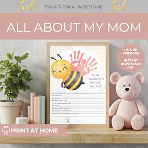 Imprimible para el Día de la Madre con temática de abejas / Mamá, gracias por ser la mejor abeja / Regalo con huella de mano para niños / Tamaño A4 y carta / Descarga instantánea en PDF
