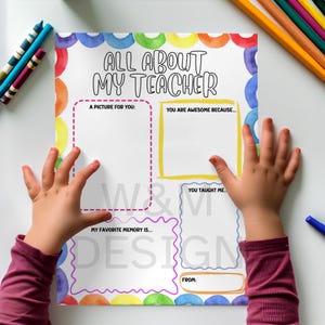 Alles über meine Lehrerin druckbar | Kindergärtnerin Danke | Kleinkind Füllen-die-Blank Geschenk | PDF Arbeitsblatt zur Wertschätzung der Kindergärtnerin