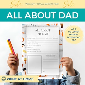 Hoja de trabajo "Todo sobre mi papá" para el Día del Padre / Imprimible con temática de herramientas para niños / Actividad de dibujo y relleno / Tamaño carta y A4 / Descarga instantánea