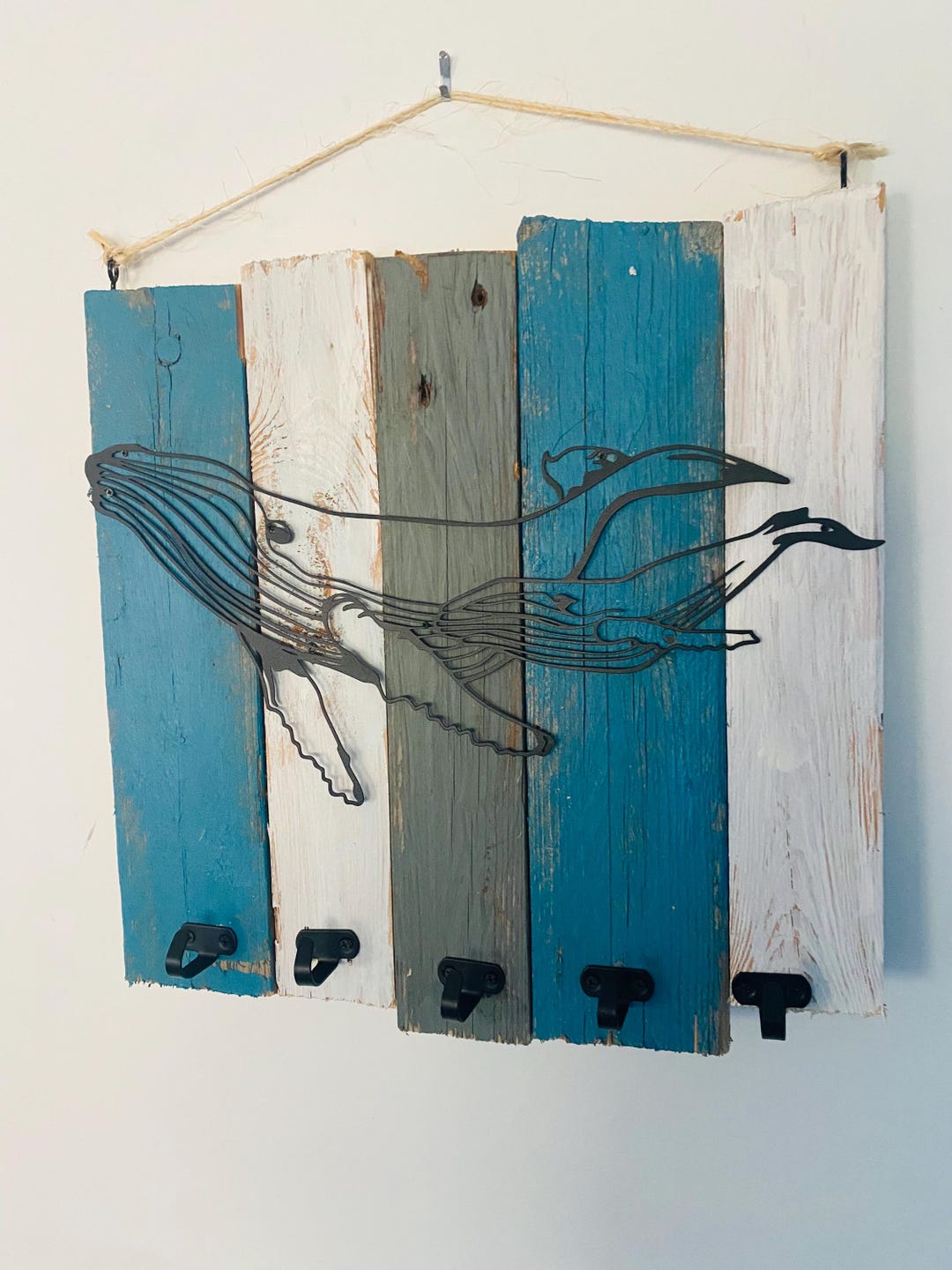 Recycled Wood Key Ring Rack With Whale and Calf Design - Coastal Home ...