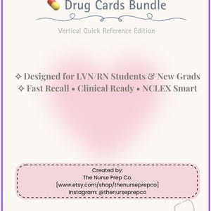 Lot de cartes de médicaments pour soins infirmiers | Guide d'étude de pharmacologie imprimable | Aide-mémoire du NCLEX pour les étudiants en sciences infirmières | Flashcards PDF