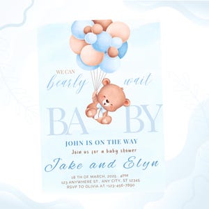 Bewerkbare sjabloon babyshower uitnodiging Boho sterren teddybeer jongen moderne afdrukbare download